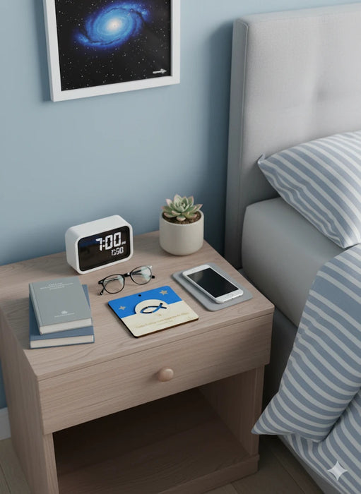 Cadre religieux NFC sur table de chevet - Idée cadeau chrétien pour jeunes adultes