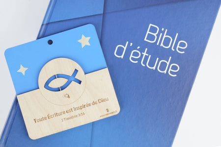 Cadre chrétien pour adolescents avec verset 2 Timothée 3:16 et symbole Ichthus - Design moderne bleu et bois