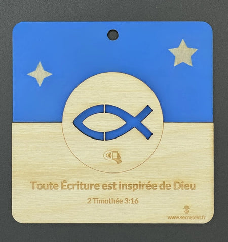 Cadre religieux en bois avec la moitié en en couleur bleu. Au centre le poisson Ichtus, avec le verset "Toute Ecriture est inspirée de Dieu" (2 Timothée 3:16) et le logo SecreText en bas à droite.