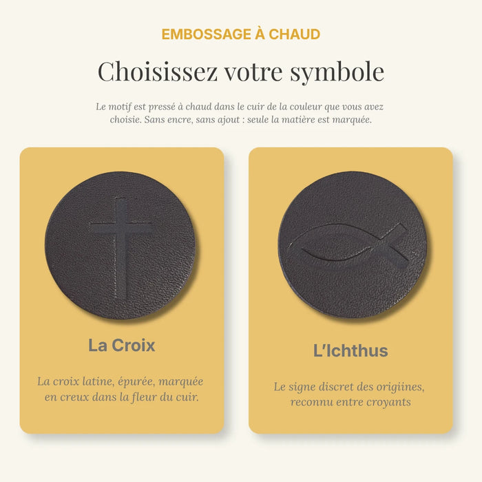 Choix des insert pour les bracelets de SecreText qui sont personnalisable. Choix entre le croix ou l'Ichthus.