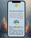 photo avec un téléphone et un exemple de contenu du calendrier de l'avent du Jour 1 le titre est "Dieu tient ses promesses". derrière le téléphone il y a un paysage de Noël avec des sapins illuminés et de la neige.