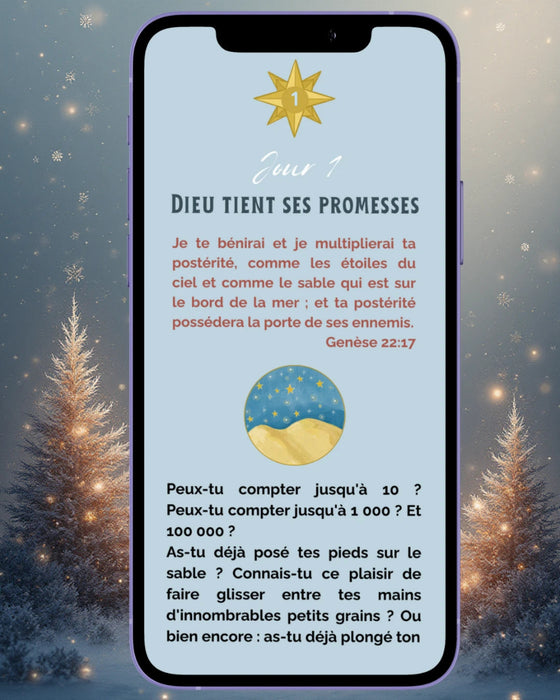 photo avec un téléphone et un exemple de contenu du calendrier de l'avent du Jour 1 le titre est "Dieu tient ses promesses". derrière le téléphone il y a un paysage de Noël avec des sapins illuminés et de la neige.