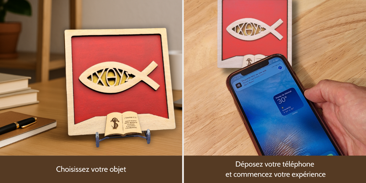 Présentation du Tableau Secret n°1 pour inviter à choisir un objet sur SecreText. Pour découvrir la magie des créations, déposer le téléphone sur l'objet pour commencer son expérience