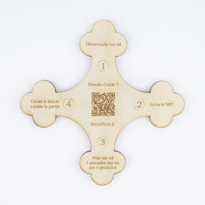 Quiz biblique face arrière qui explique le fonctionnement du jeu. 
1. Déverrouille ton tél
2. Active le NFC
3. Pose ton tel 3 secondes sur un des 4 symboles
4. Ouvre le lien et rejoins la partie.
Au centre il est écrit : Besoin d'aidé ? Avec un QR Code pour avoir une explication visuelle.