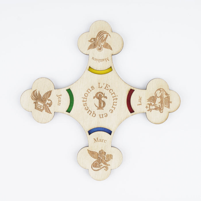 Quiz biblique positionné de face. Le quiz est représenté en forme de croix. 
A chaque extrémité de la croix, il y a le symbole des évangiles : le bœuf pour Luc, le lion pour Marc, l'aigle pour Jean et l'ange (ou l'homme) pour Matthieu.